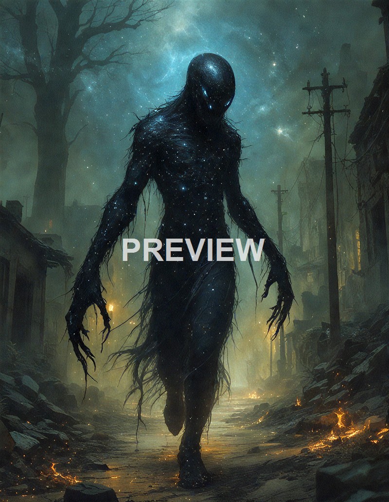 A dark, humanoid figure with a starry, cosmic appearance is walking through a desolate, ruined landscape with burnt debris, broken power lines, and a large, leafless tree under a cloudy, starry night sky.